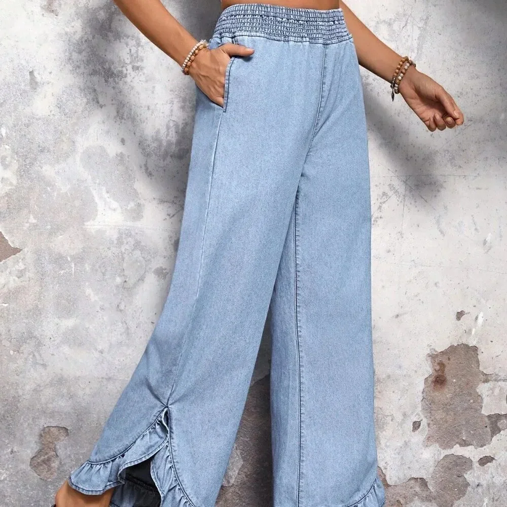 Light Wash Casual Women's High Waist Ruffle Hem Wide Leg Jeans - Picture 2 of 6